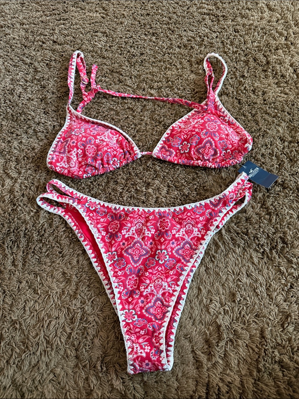 Hollister Red-Pink Paisley Crochet-Edge Bikini Set